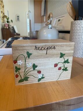 Hand-Painted Strawberry Recipe Box - Natural Wood, Green & Red